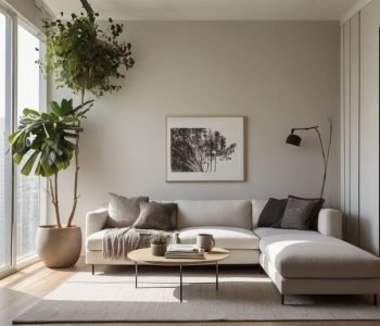 A modern living room with a clean, minimalist aesthetic featuring a statement vase and a sleek sofa.